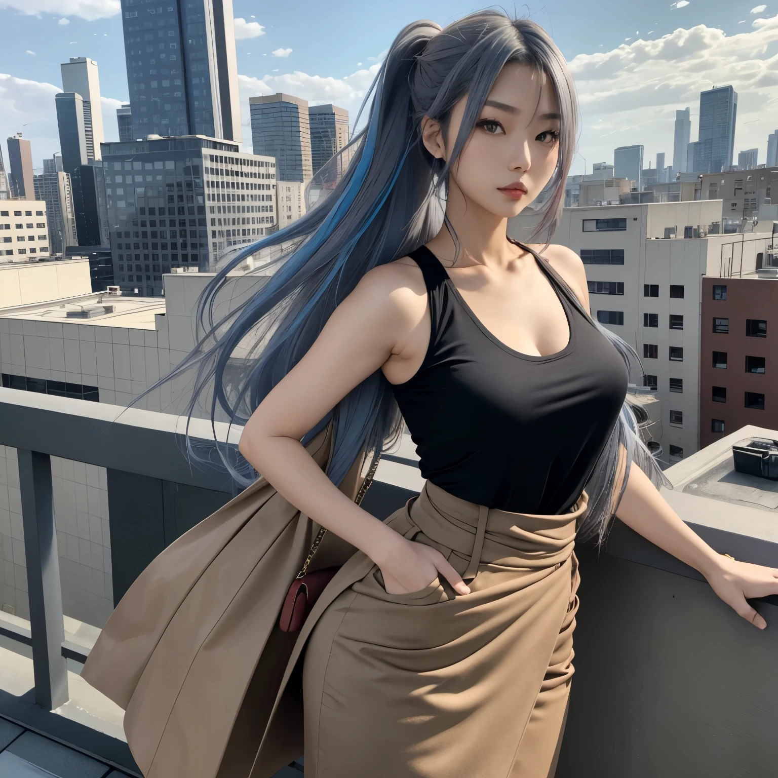 Photo, Beautiful Japanese woman with long blue hair and red highlights in her gray colored hair wearing an elegant black top with shoulder pads hanging down to the middle of the back and beige skirt holding one side of it while she's posing for photos on rooftop, handbag around waist, high quality