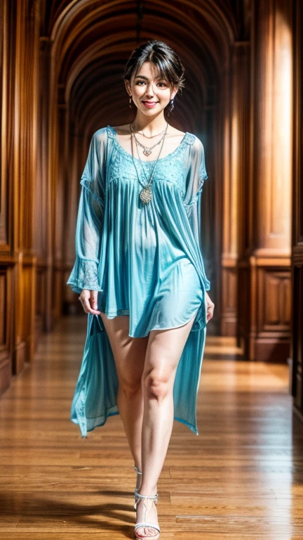 ((best quality)), ((masterpiece)), (detailed), (full body photoshoot), a perfect face goddess in a  blue colour tunic walk in the library, eyeglass, necklace, earring, short hair, perfect smile to the viewer, real skin texture, ultra sharp, pay attention to the detail of the face finger and hair, detailed detail,