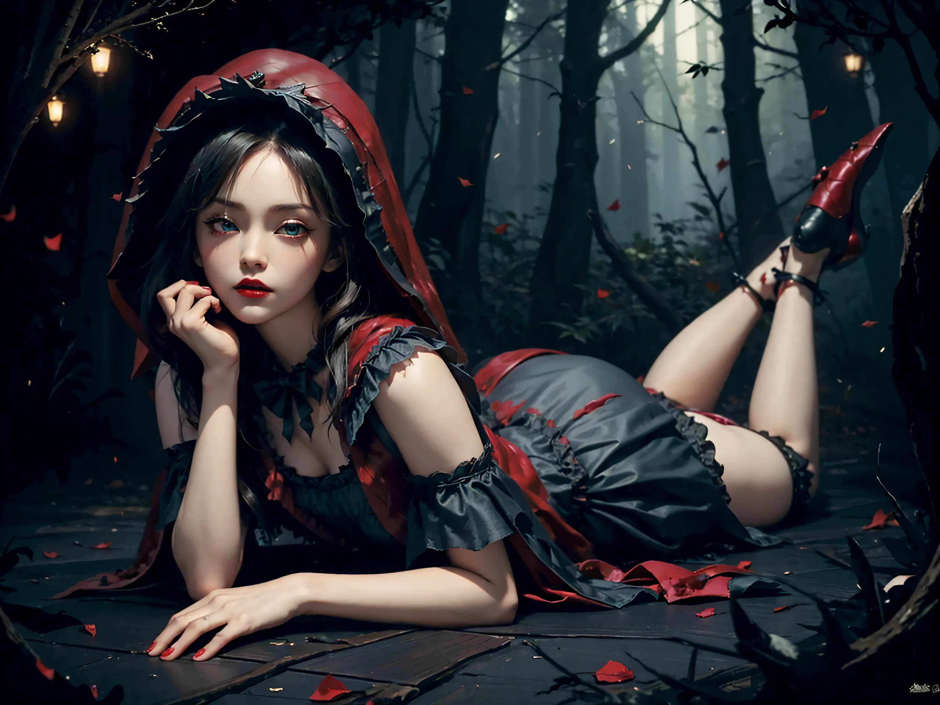 Gothic Punk、(((Little Red Riding Hood)))、gypsy、Crystal Jade、skirt、High heels、garter belt、Beautiful feet、Beautiful Legs、Lying down、Temptation Pose、Sexy pose、Sexy look、Blue Eyes、Red lips、Full screen