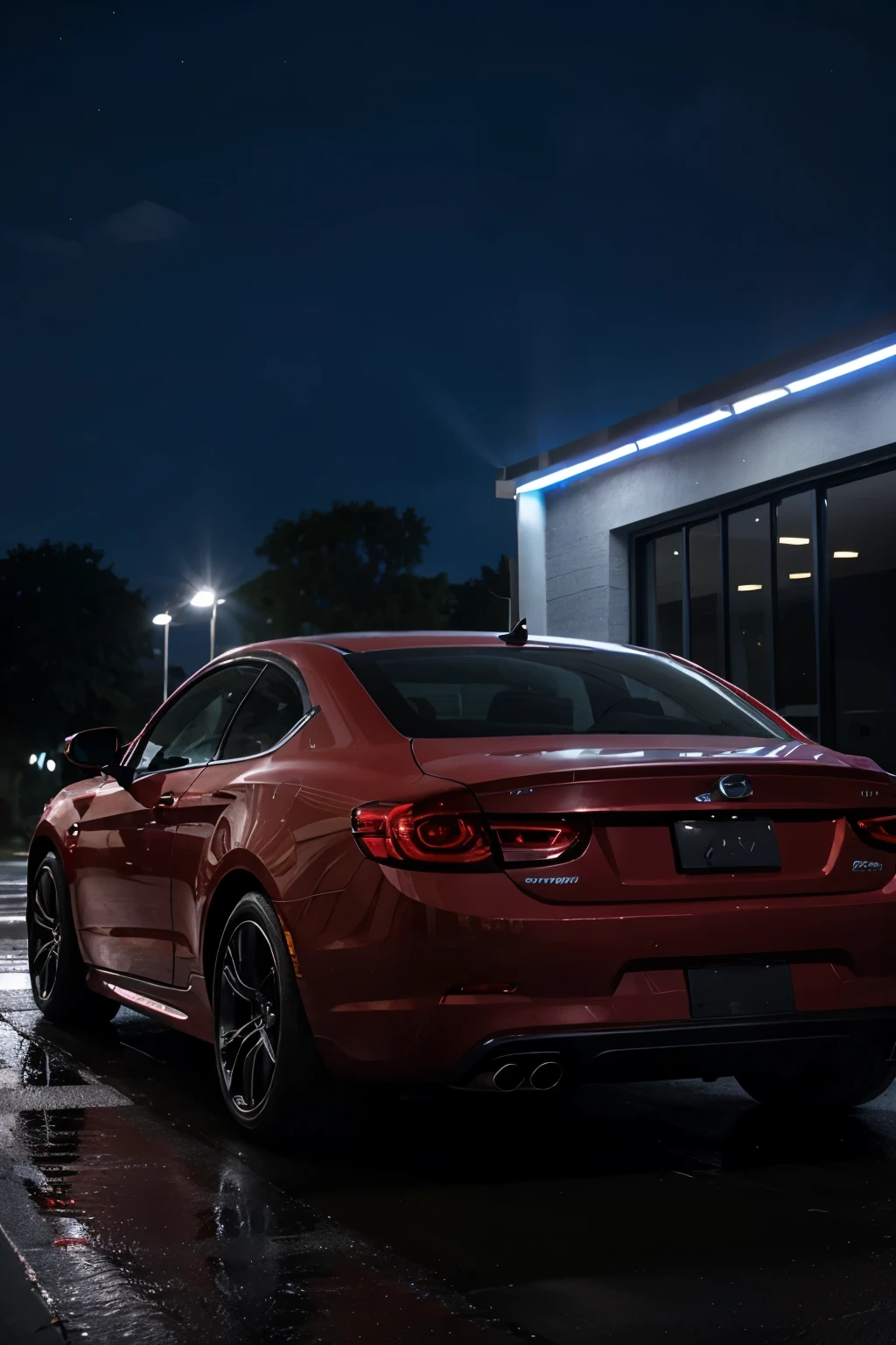 A car with cool, majestic , red colour , blue lights , masterpiece