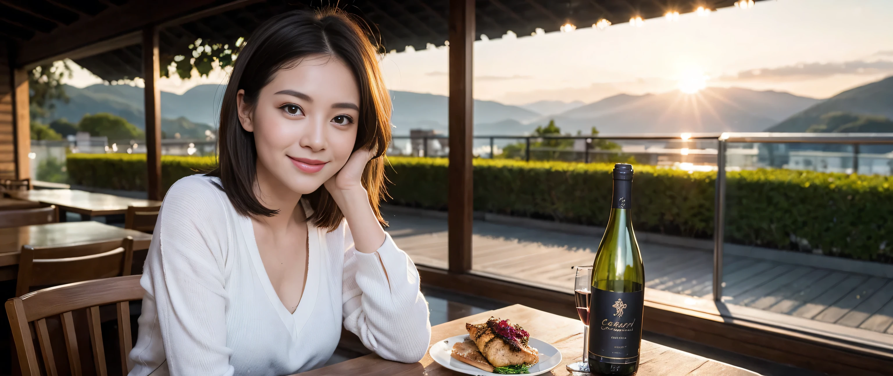 ((highest quality、8k、masterpiece:1.3))、Sharp focus:1.2、Beautiful woman perfect body:1.4、Slim body、((Bob Hale、Straight hair:1.2))、(to be born, highest quality, masterpiece:1.5), (Realistic, Intricate details:1.2), Ultra-high resolution, Facial Lighting、Amazing view of the sunset sky and clouds、Amazing mountain views、A bright smile、wine glass、red wine 、Appetizers、Italian food、Wine bottle、Champagne、sparkling wine、, Beautiful Face, blue eyes, The light shines on your face, Blushing, short hair,Bright Face、Fox face、 (36 years old), 39 years old, Lady、Two beauties、Brown Hair、Shortcuts、Long sleeve shirt、dress、Pretty Woman 1, (Slim face), (The body is slim), (Brown Hair), (Shortcuts), cheeks turn a little red,Attractive beauty、, Out of the window, A beautiful and detailed night view unfolds.........., restaurant, In a prominent place (From the waist up) Nova Frog Style, actress, model, Upper Body, White wine, slim, wine glass, Wine glass placed in the center, smile, (smile: 1.15), Beautiful fine grain, Depth f/2,saturation, High Contrast, Strong light and shadow,Moist Body:1.5、3D texture、Delicate eyes、Brown Hair、The hair is very shiny、