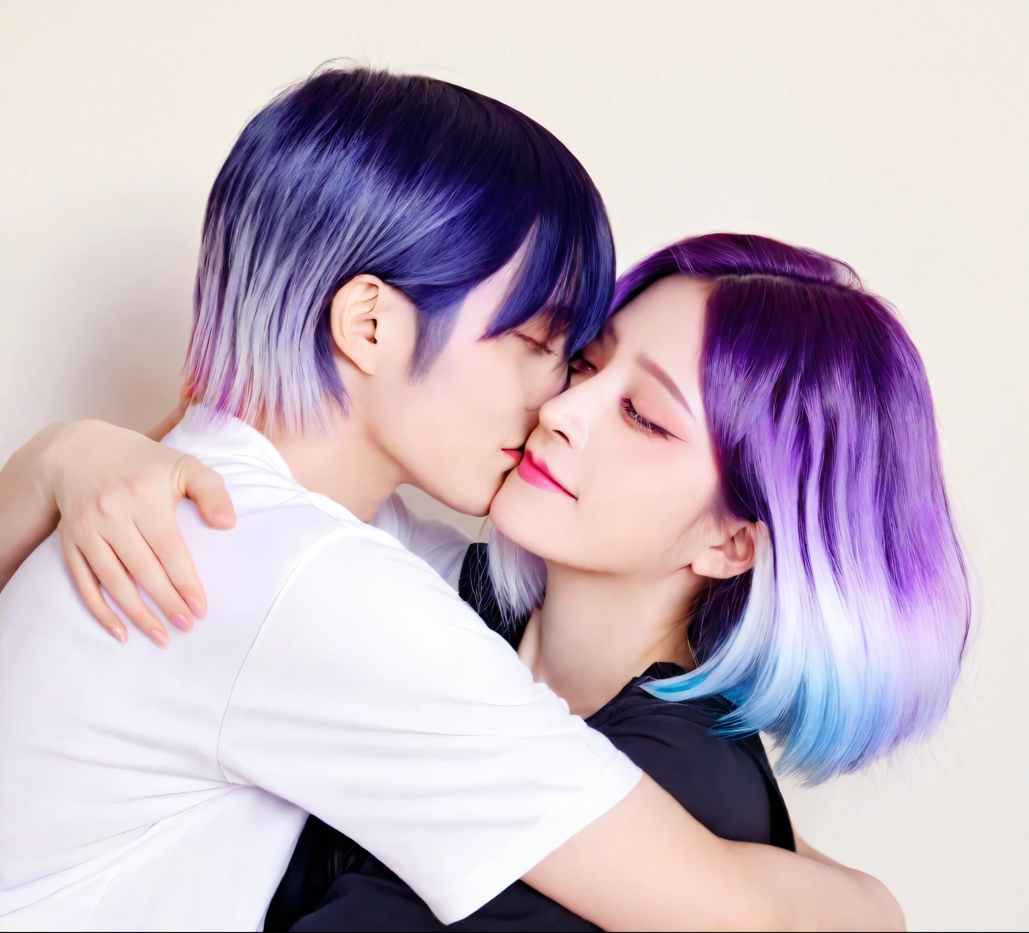 A man and (A woman with white and purple gradient hair), Hug each other, Look deeply into each other's eyes, Romantic atmosphere, Sunset background, Mottled light and shadow, Warm colors, Beautiful style, Delicate eyes and expressions, There is love in the air: Illustration other details: gentle smile, Soft and flowing clothing, Quiet ambient image quality: (best quality,4k,8K,High resolution,masterpiece:1.2), Extremely detailed, (Practical,photoPractical,photo-Practical:1.37), HDR, Studio Lighting, Extremely detailed的描述, Art style with bright colors: Portrait Palette: Warm colors照明: Soft sunset light