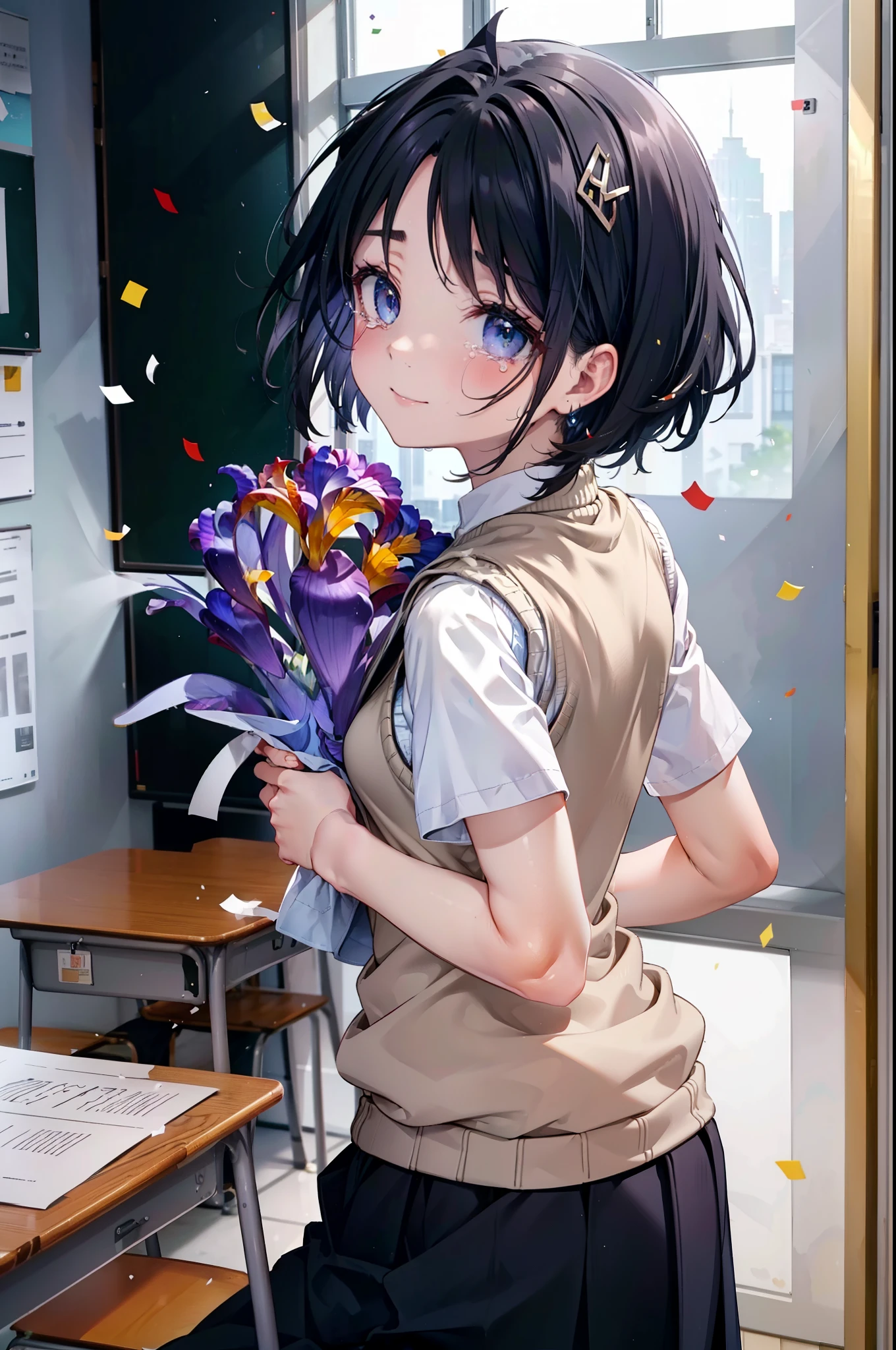 yuukikonno, Yuki Konno,Black Hair,short hair,Bob Hair ,Green headband,(iris:1.5), (Small breasts:1.2), smile,break skirt, shirt, bow, ribbon, , white shirt, Short sleeve, Pleated skirt, collared shirt, mini skirt, bowtie, 茶色のloafers , Black Skirt, Black Pantyhose, loafers, black bow, Sweater vest, (back Sweater vest:1.5),Tears stream down her face,Tears of joy,I cry a lot,whole bodyがイラストに入るように,holding a large bouquet of flowers in both hands,Confetti,
break indoors, School,classroom,
break looking at viewer, whole body,
break (masterpiece:1.2), highest quality, High resolution, unity 8k wallpaper, (shape:0.8), (Beautiful details:1.6), Highly detailed face, Perfect lighting, Highly detailed CG, (Perfect hands, Perfect Anatomy),