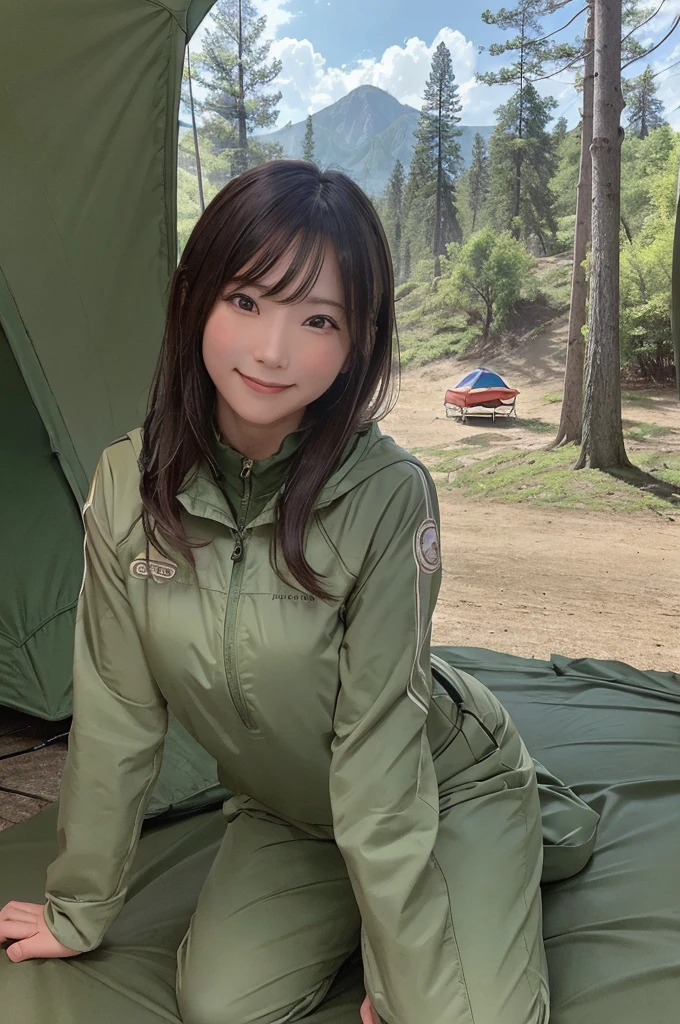 masterpiece, High Resolution, girl,tent脇で焚火している, Outdoor Clothing, (A woman who loves traveling), forest, wood, mount, tent, picnic, adventure ,smile,Solo Camping