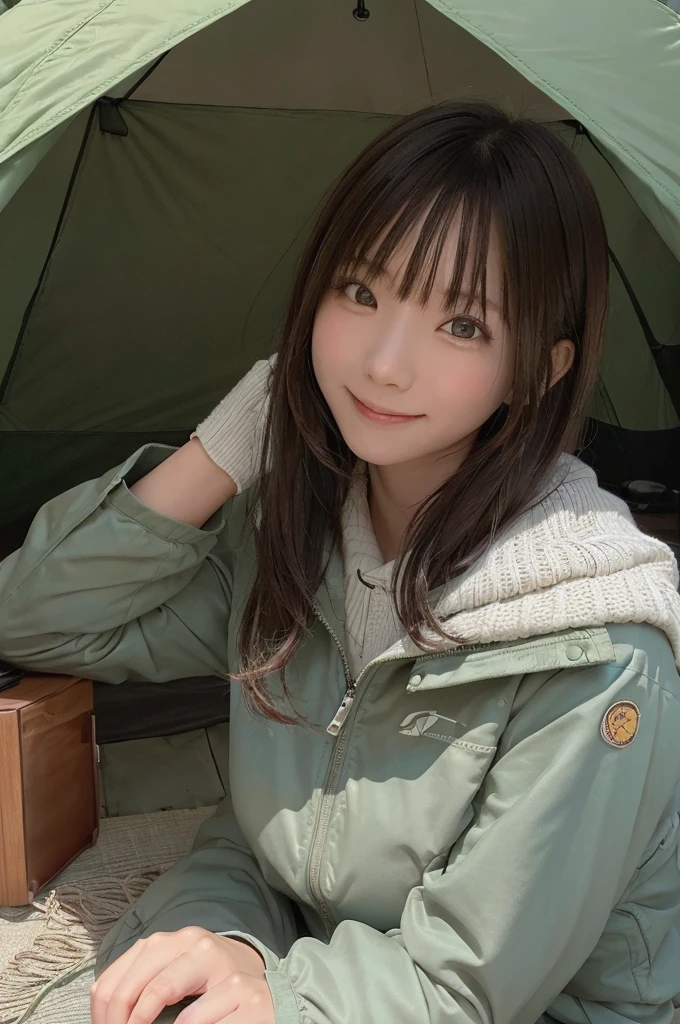 masterpiece, High Resolution, girl,tent脇で焚火している, Outdoor Clothing, (A woman who loves traveling), forest, wood, mount, tent, picnic, adventure ,smile,Solo Camping