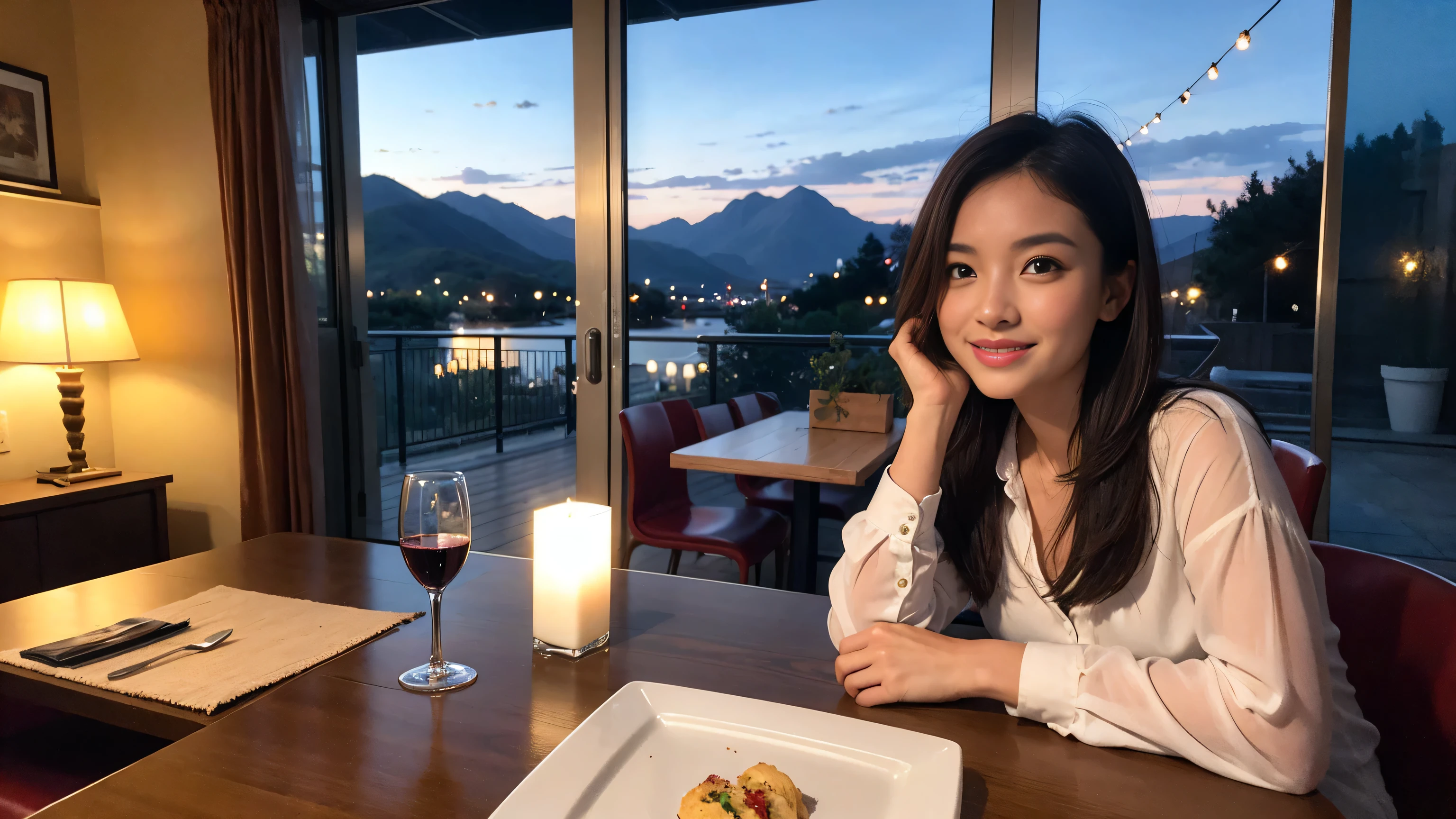 ((highest quality、8k、masterpiece:1.3))、Sharp focus:1.2、Beautiful woman perfect body:1.4、Slim body、((Bob Hale、Straight hair:1.2))、(to be born, highest quality, masterpiece:1.5), (Realistic, Intricate details:1.2), Ultra-high resolution, Facial Lighting、Amazing view of the sunset sky and clouds、Amazing mountain views、A bright smile、wine glass、red wine 、Appetizers、Italian food、Wine bottle、Champagne、sparkling wine、, Beautiful Face, blue eyes, The light shines on your face, Blushing, short hair,Bright Face、Fox face、 (36 years old), 39 years old, Lady、Two beauties、Brown Hair、Shortcuts、Long sleeve shirt、dress、Pretty Woman 1, (Slim face), (The body is slim), (Brown Hair), (Shortcuts), cheeks turn a little red,Attractive beauty、, Out of the window, A beautiful and detailed night view unfolds.........., restaurant, In a prominent place (From the waist up) Nova Frog Style, actress, model, Upper Body, White wine, slim, wine glass, Wine glass placed in the center, smile, (smile: 1.15), Beautiful fine grain, Depth f/2,saturation, High Contrast, Strong light and shadow,Moist Body:1.5、3D texture、Delicate eyes、Brown Hair、The hair is very shiny、