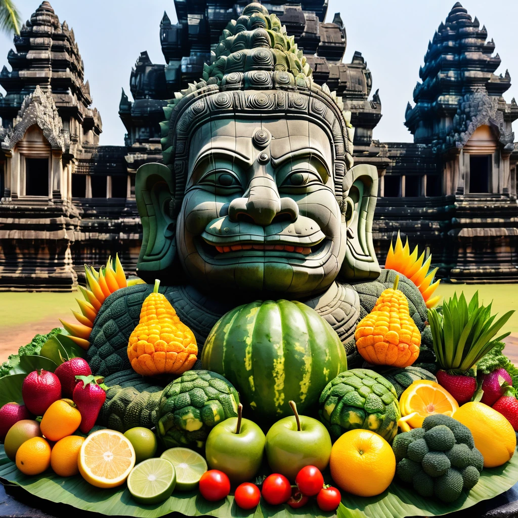 Godzilla is made out of fruit and vegetables, an Angkor Wat background,