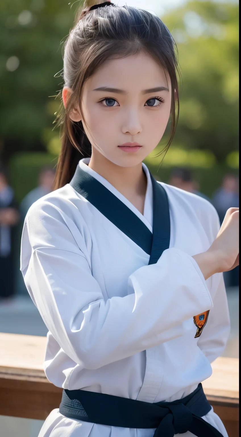 (RAW Photos:1.2), (Realistic), Beautiful detailed girl, Very detailed eyes and face, Beautiful and beautiful eyes, Large file size, High resolution, Very detailed, highest quality, [Tabletop:1.6], shape, Very detailed, The finer details, highest quality, 8K Dende Wallpaper, Cinema Lighting,15-year-old girl, Female Fighter, Karate pose, Outdoor Martial Arts Tournament, hang on, Uniform, 彼女の柔Uniform, ponytail, Serious expression, The body is slim, Young Face, , Stadium
