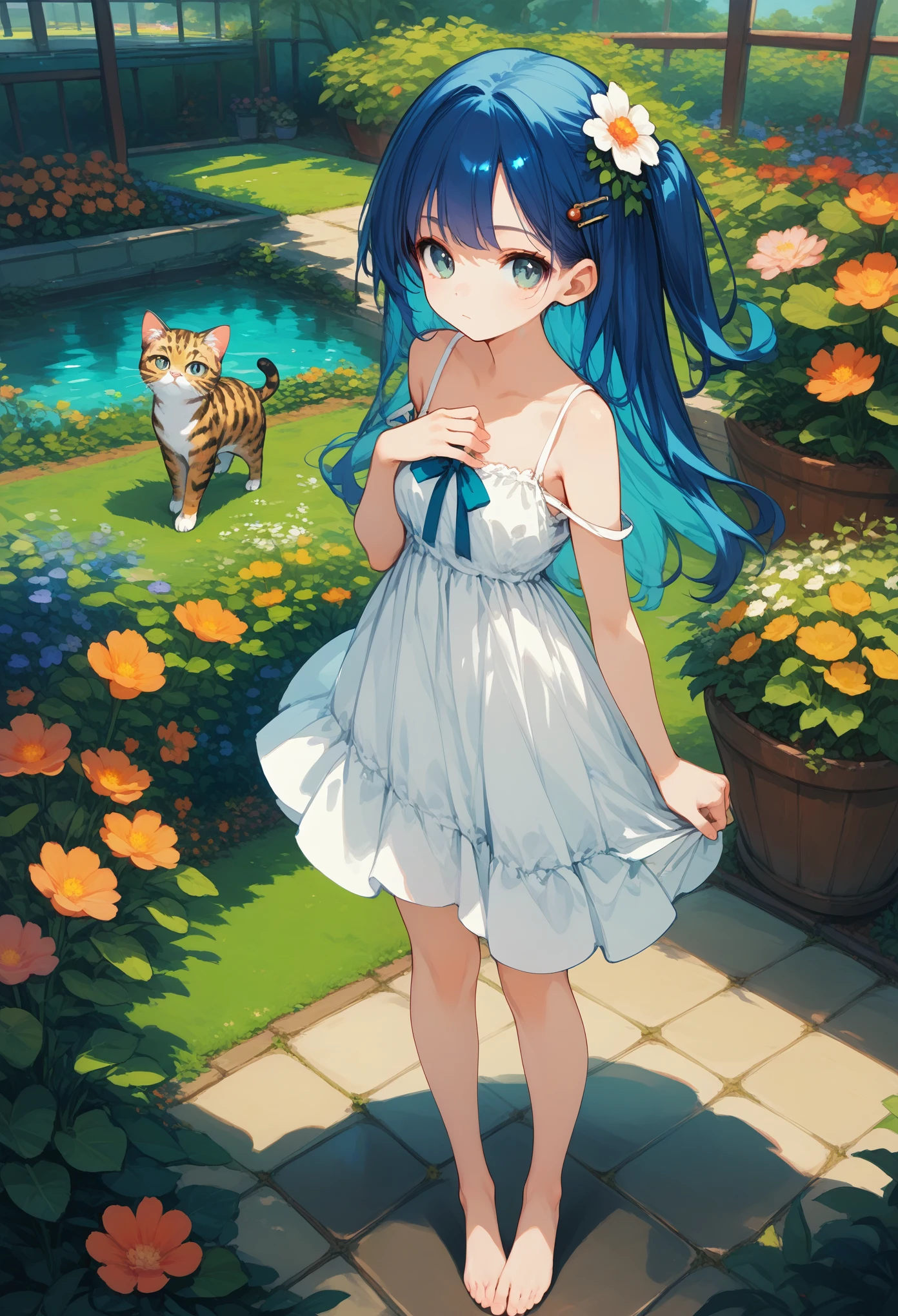 (score_10,score_9_up,score_8_up),hadrian,very strong contrast,standing and show foot,standing and show sole,from above,standing,foot focus,leg up,fish eye,standing on one leg,holding own leg,
1 girl,garden,surrounded by flowers,sundress,strap slip,blue hair,hair flower,hair pin,hand on own chest,big bow,looking at viewer,cat_mouth,uwu,closed mouth,expressionless,one side up,
