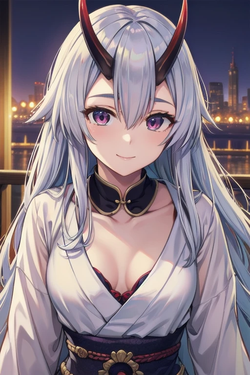 a masterpiece portrait of tomoe gozen, a beautiful woman with silver hair, long hair covering eyes, oni horns, cute smile, open blouse revealing small cleavage, skirt, realistic, photo-realistic, hyperdetailed, 8k, hdr, dramatic lighting, vibrant colors, elegant, serene