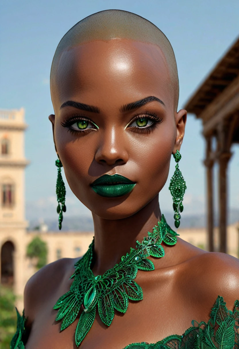 (((Femme noir africaine chauve, Bare head, bald head, peau couleur ébène noir intense et profond, peau parfaite, bald head, femme chauve, crane parfait, en mouvement,  marche, full body, intelligente, finely embroidered lace bustier))), ((best quality, extremely detailed:1.8, hyperRéaliste:1.5, photorealistic:1.5, grande profondeur de champ, vue de face, very beautiful 35 year old woman, Prise de vue en direct, robe tailleur de directrice)), ((femme debout, she has a serious pose, bustier, dentelles fines et délicates)), ((detailed black bald african woman face looking at camera, yeux verts claire électrique, cheffe d'entreprise, bald head)), (photorealistic), sharp eyes, poitrine push-up, very thin waist, jambes longues, longues jambes,  fine and detailed hands, femme charismatique, charisme, charismatique, sparkling eyes, cheffe d’entreprise, engineer, intelligente, directrice, scientifique, (((lips dark and dark green color, darck green lips))), slight smile, paysage de savane