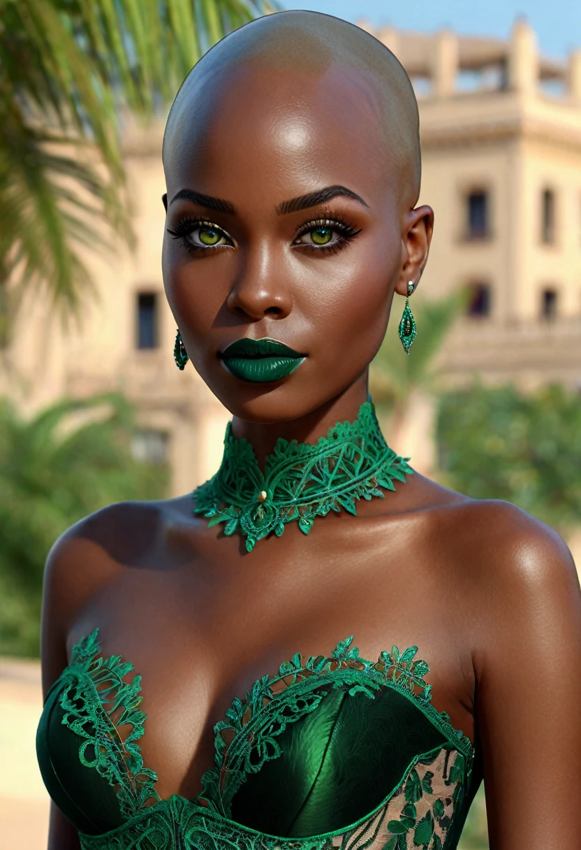 (((Femme noir africaine chauve, Bare head, bald head, peau couleur ébène noir intense et profond, peau parfaite, bald head, femme chauve, crane parfait, en mouvement,  marche, full body, intelligente, finely embroidered lace bustier))), ((best quality, extremely detailed:1.8, hyperRéaliste:1.5, photorealistic:1.5, grande profondeur de champ, vue de face, very beautiful 35 year old woman, Prise de vue en direct, robe tailleur de directrice)), ((femme debout, she has a serious pose, bustier, dentelles fines et délicates)), ((detailed black bald african woman face looking at camera, yeux verts claire électrique, cheffe d'entreprise, bald head)), (photorealistic), sharp eyes, poitrine push-up, very thin waist, jambes longues, longues jambes,  fine and detailed hands, femme charismatique, charisme, charismatique, sparkling eyes, cheffe d’entreprise, engineer, intelligente, directrice, scientifique, (((lips dark and dark green color, darck green lips))), slight smile, paysage de savane