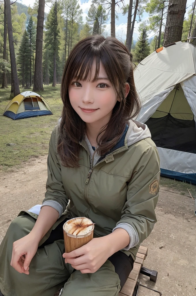 masterpiece, High Resolution, girl,There is a bonfire, Outdoor Clothing, (A woman who loves traveling), forest, wood, mount, tent, picnic, adventure ,smile,Solo Camping