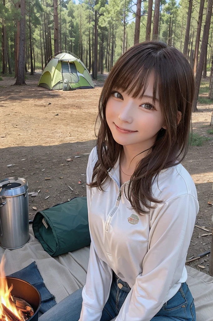 masterpiece, High Resolution, girl,There is a bonfire, Outdoor Clothing, (A woman who loves traveling), forest, wood, mount, tent, picnic, adventure ,smile,Solo Camping