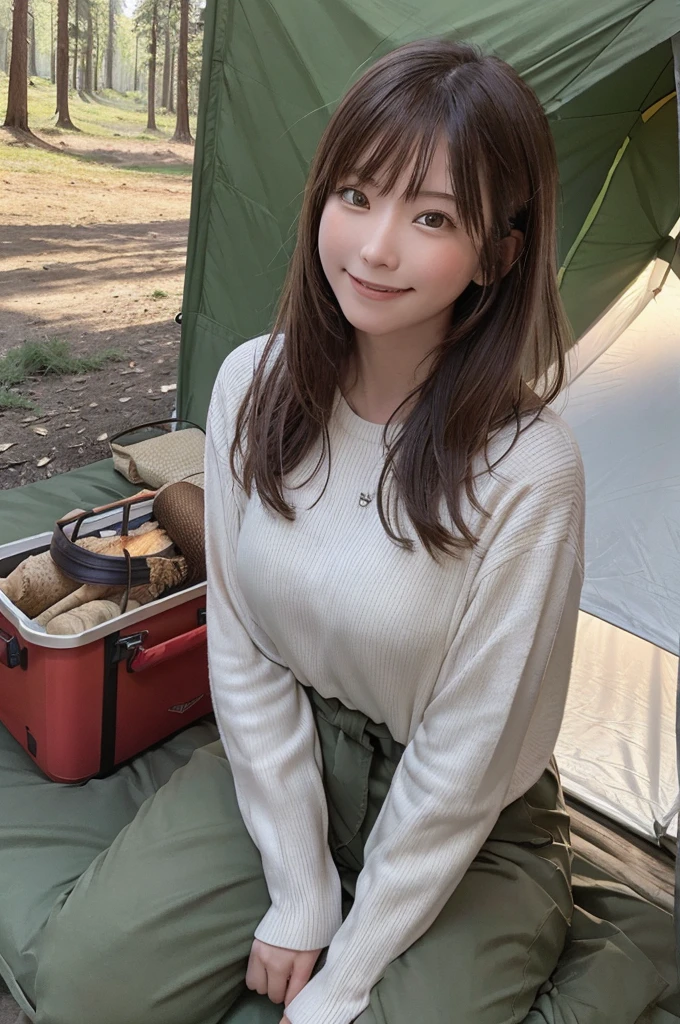 masterpiece, High Resolution, girl,There is a bonfire, Outdoor Clothing, (A woman who loves traveling), forest, wood, mount, tent, picnic, adventure ,smile,Solo Camping