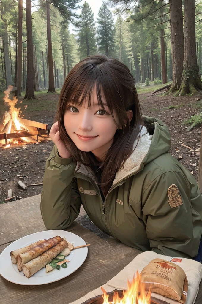 masterpiece, High Resolution, girl,There is a bonfire, Outdoor Clothing, (A woman who loves traveling), forest, wood, mount, tent, picnic, adventure ,smile,Solo Camping