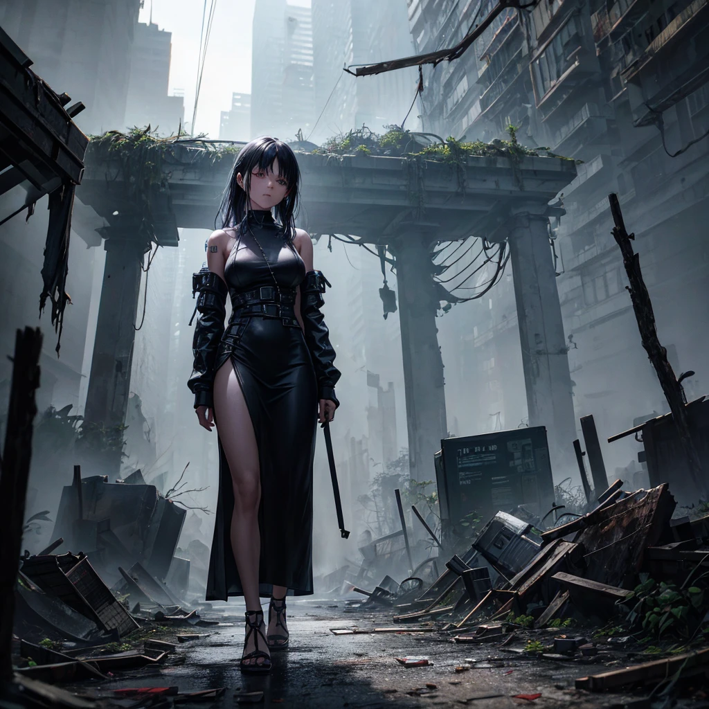 Cyberpunk dark oil painting| A woman wearing a black halterneck dress,Ragged clothes,Dirty,messy,under the light,face clearly visible,Walking in the dense forest。 fallen trees、foliage、Debris scattered everywhere,Greatly ruined the tense atmosphere。 The air is full of ferocity and power。 Ancient building against the backdrop of damaged tropical rainforest。 3D。 Very realistic and very detailed。