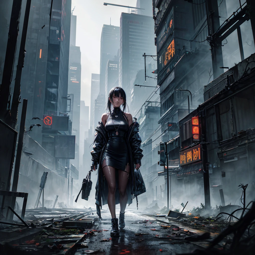 Cyberpunk dark oil painting|    A woman wearing a black halterneck dress，Ragged clothes，Dirty，messy，under the light，face clearly visible，Walking in the dense forest。     fallen trees、foliage、Debris scattered everywhere，Greatly ruined the tense atmosphere。     The air is full of ferocity and power。     Ancient building against the backdrop of damaged tropical rainforest。     3D。     Very realistic and very detailed。