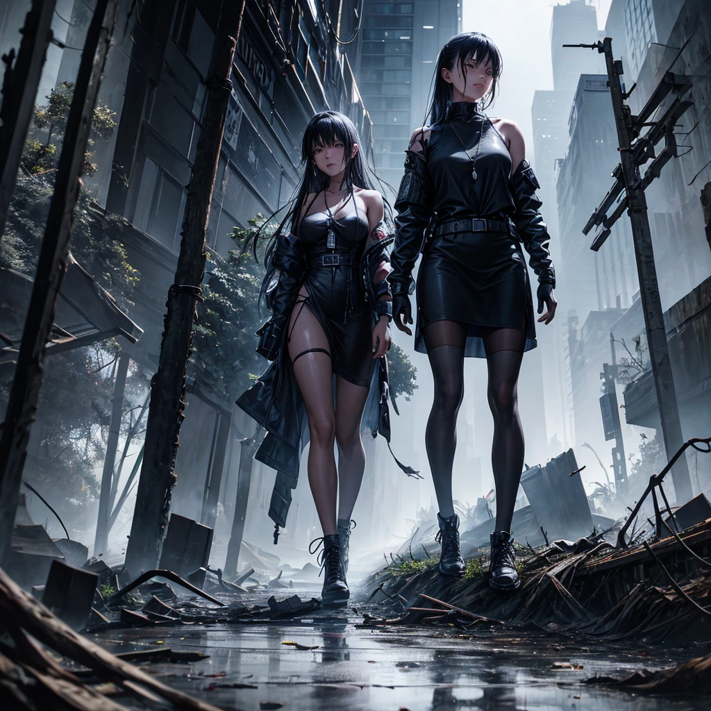 Cyberpunk dark oil painting| A woman wearing a black halterneck dress,Ragged clothes,Dirty,messy,under the light,face clearly visible,Walking in the dense forest。 fallen trees、foliage、Debris scattered everywhere,Greatly ruined the tense atmosphere。 The air is full of ferocity and power。 Ancient building against the backdrop of damaged tropical rainforest。 3D。 Very realistic and very detailed。