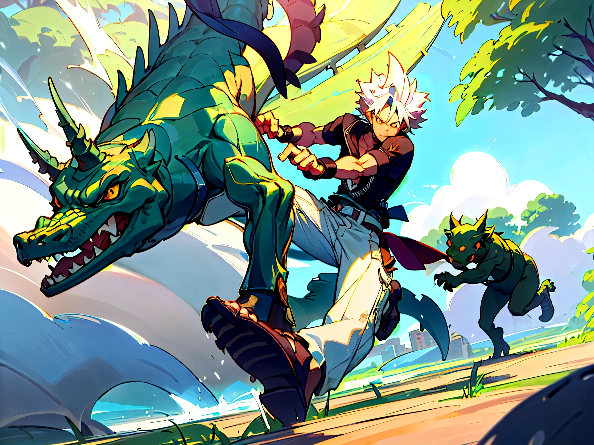 (masterpiece, best quality:1.2), 1boy, 3lizardmen, forest, blue skye, trees, open meadow, chipp zanuff, smile, closed mouth, looking at viewer, spiked hair, collar, white pants, jewelry, choker, 1man fight versus 3lizardmen, angry lizardmen, iguana head, running, attacking, proportional, good anatomy