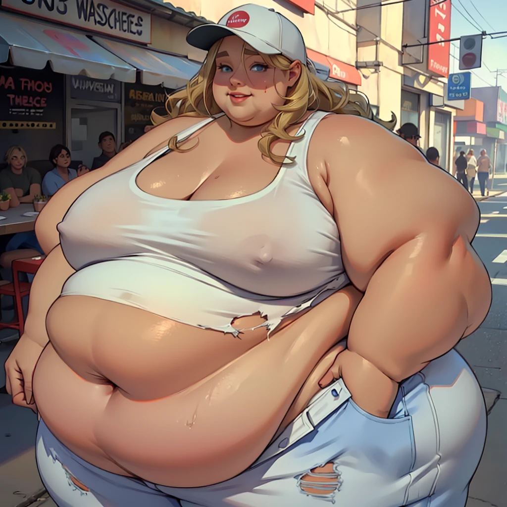 masterpiece, best quality, absurdres, detailed, realistic, beautiful young woman, USSBBW, (morbidly obese:1.2), (realistic detailed face), gigantic belly, huge lips, unzipped hot pants, (ripped) tanktop, long wavy blonde hair, blue eyes, holding a huge burger, burger joint, small smile, wide wyes, eager