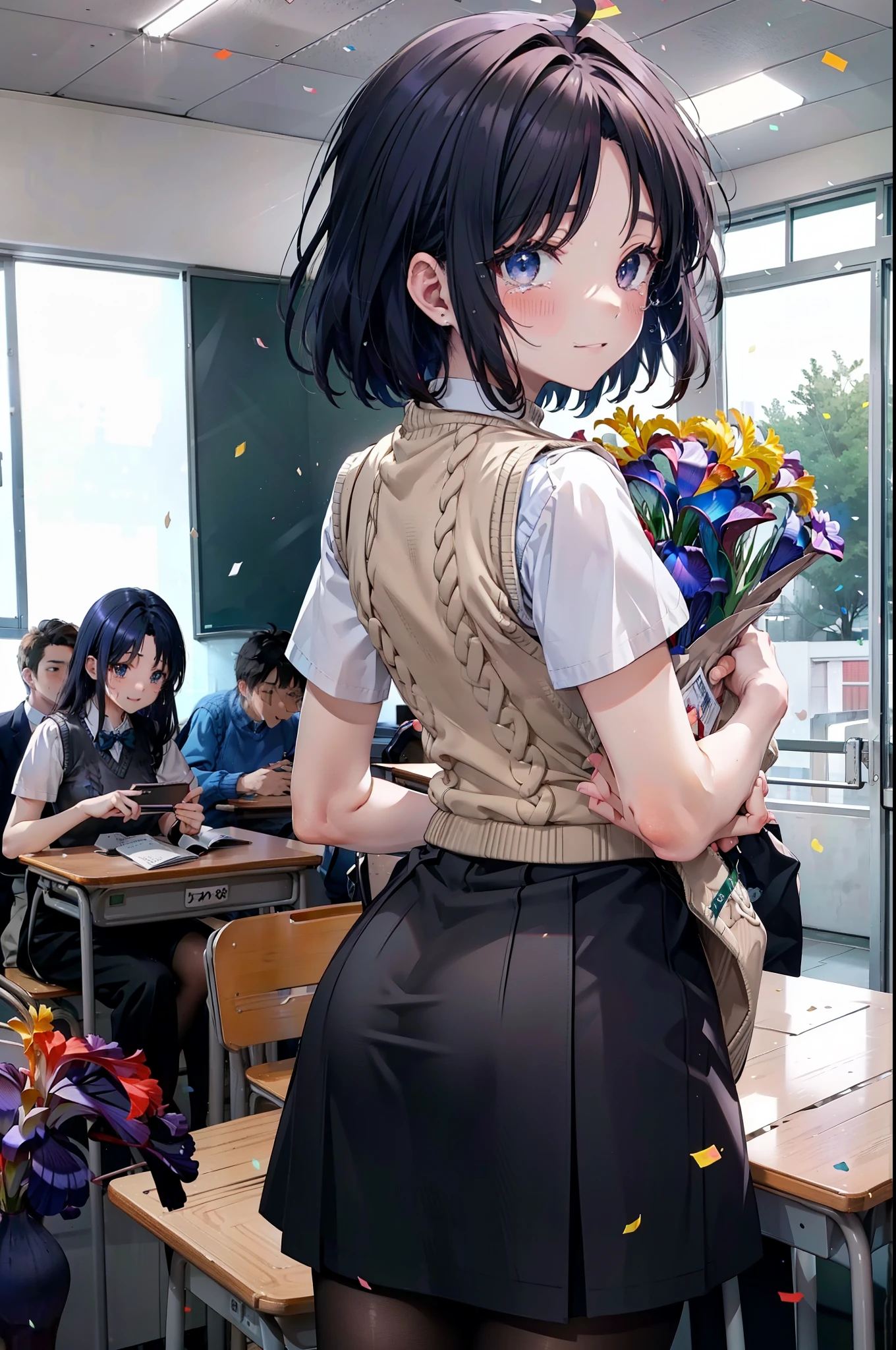 yuukikonno, Yuki Konno,Black Hair,short hair,Bob Hair ,Green headband,(iris:1.5), (Small breasts:1.2), smile,break skirt, shirt, bow, ribbon, , white shirt, Short sleeve, Pleated skirt, collared shirt, mini skirt, bowtie, 茶色のloafers , Black Skirt, Black Pantyhose, loafers, black bow, Sweater vest, (back Sweater vest:1.5),Tears stream down her face,Tears of joy,I cry a lot,whole bodyがイラストに入るように,holding a large bouquet of flowers in both hands,Confetti,
break indoors, School,classroom,
break looking at viewer, whole body,
break (masterpiece:1.2), highest quality, High resolution, unity 8k wallpaper, (shape:0.8), (Beautiful details:1.6), Highly detailed face, Perfect lighting, Highly detailed CG, (Perfect hands, Perfect Anatomy),