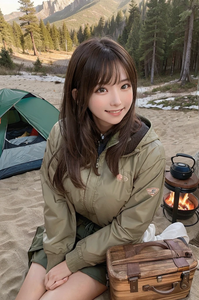 masterpiece, High Resolution, girl,There is a bonfire, Outdoor Clothing, (A woman who loves traveling), forest, wood, mount, tent, picnic, adventure ,smile,Solo Camping