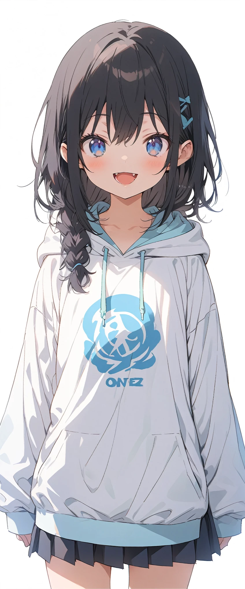 White background、Solid white background、Blank background、just standing girl, only one girl、Full body shot from the front,Ultra-high resolution, highest quality,fish-bone braid hair、Fishbone Hair、Flat Chest、beautiful detailed eyes、black hair、Black hair × Blue eyes、blue eyes、Open your mouth without showing your teeth、Smile with mouth wide open、Plain white hoodie、Black pleated skirt、barefoot