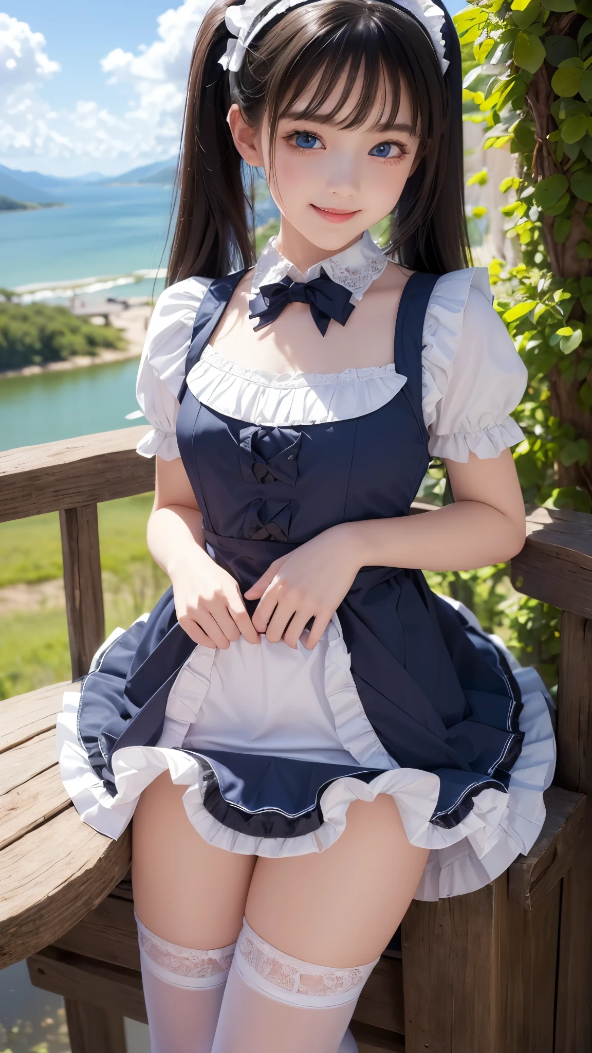 ((masterpiece)), ((highest quality、Ultra high definition)), (Very detailed),8K、(Photo quality)、(((Amazingly cute girl))), 16-year-old girl, (Beautiful sapphire blue eyes), ((smile)),Glossy lips、In the open-air bath overlooking the sea, Beautifully arranged black hair in twin tails、Lace fabric ribbon、whole body、(Slim figure)、((Super high-end white see-through summer gothic lolita maid costume、A super mini skirt with lots of frills))、Professional Lighting、(White lace knee-highs)、(More detailed and beautiful)、(More details and cutenesore realistic)、White panties are visible、((Ultimate cuteness in every way))、