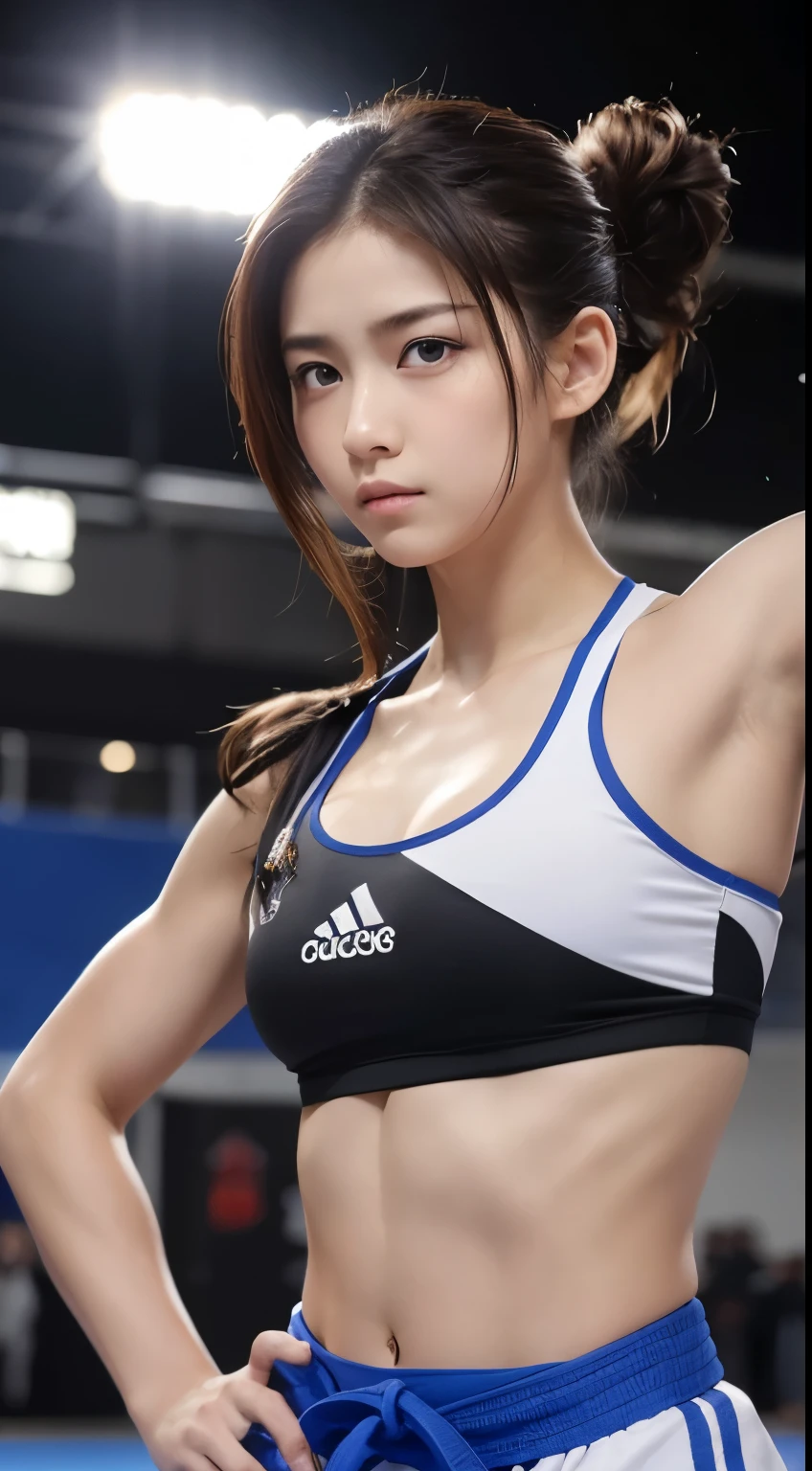 (RAW Photos:1.2), (Realistic), Beautiful detailed girl, Very detailed eyes and face, Beautiful and beautiful eyes, Large file size, High resolution, Very detailed, highest quality, [Tabletop:1.6], shape, Very detailed, The finer details, highest quality, 8K Dende Wallpaper, Cinema Lighting,Fighting arena in the background、20 year old slim and muscular woman, Female Fighter, Karate pose, Outdoor Martial Arts Tournament, hang on, Uniform, 彼女の柔Uniform, ponytail, Serious expression, The body is slim, Young Face, , Stadium