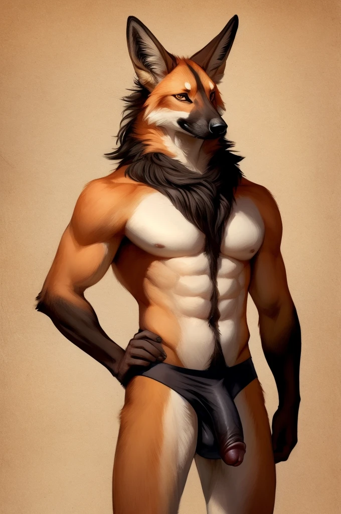Solo, Furry, Anthro, Maned Wolf, Male, E621, Standing, Muscular, Hands behind back, Wearing underwear, Giant Penis marking in underwear, Plain background, Front view, By bebebebebe