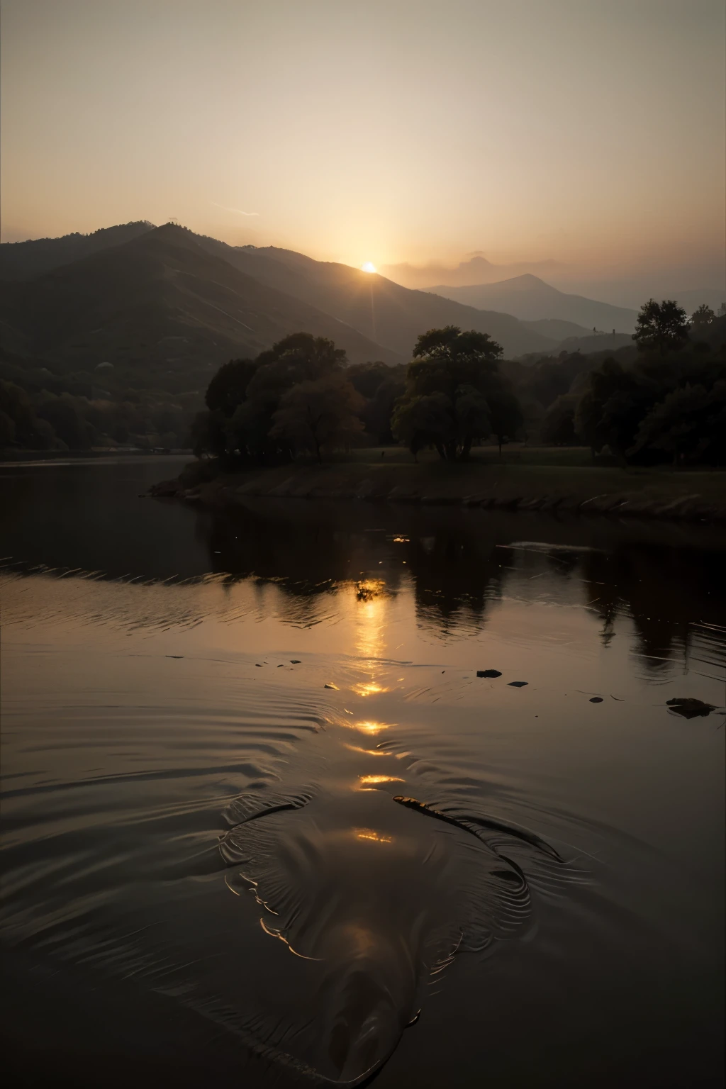 (best quality, masterpiece:1.2), detailed, Landscape, dusk, mysterious, vivid colors, soft lighting, serene atmosphere, tranquil mood, hazy silhouette, gentle brushstrokes, 