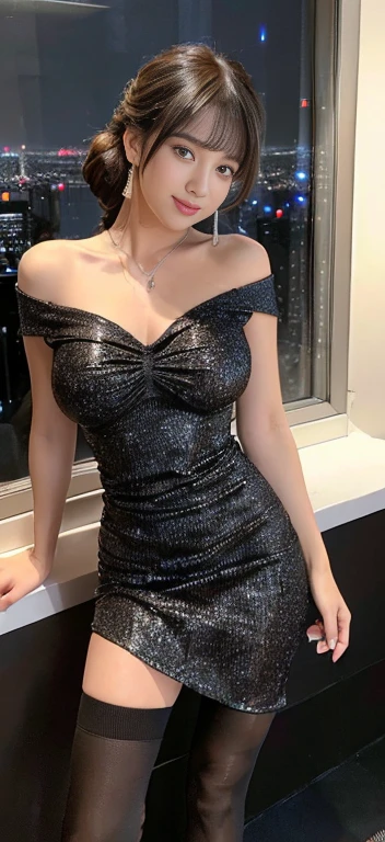 (((masterpiece:1.4, Best Quality:1.4, 8K, ultra high res, photoreal, Physically Based Rendering))), sharp focus, ultra Beautiful Sexy Woman, very pretty women, perfect body:1.1, 24yo, solo, Detailed large eyes, symmetrical eyes, detailed thin eyebrows, Highlights in the eyes, (((dark brown long straight hair, updo:1.3, hair behind ears, bangs,))), (A strong wind blows up her hair:1.4), no makeup, Highly detailed facial and skin texture, Slender beauty:1.4, ((gigantic breasts:1.6)), narrow waist, slim abs, ((black tight knit dress of holographic black glitter:1.5, sleeveless, off shoulder:1.6, dress tug, dress lift:1.8, black stockings:1.2, no panties:1.4)), (dress tug:1.6), (not wearing panties:1.4), (slim and long beauty legs), (smile:1.2, looking at viewer), ((standing with spread legs wide:2.0)), ((In a luxury hotel room:1.4, A night view of skyscrapers outside the window:1.4, dim lighting)), ((night view:1.4)), 