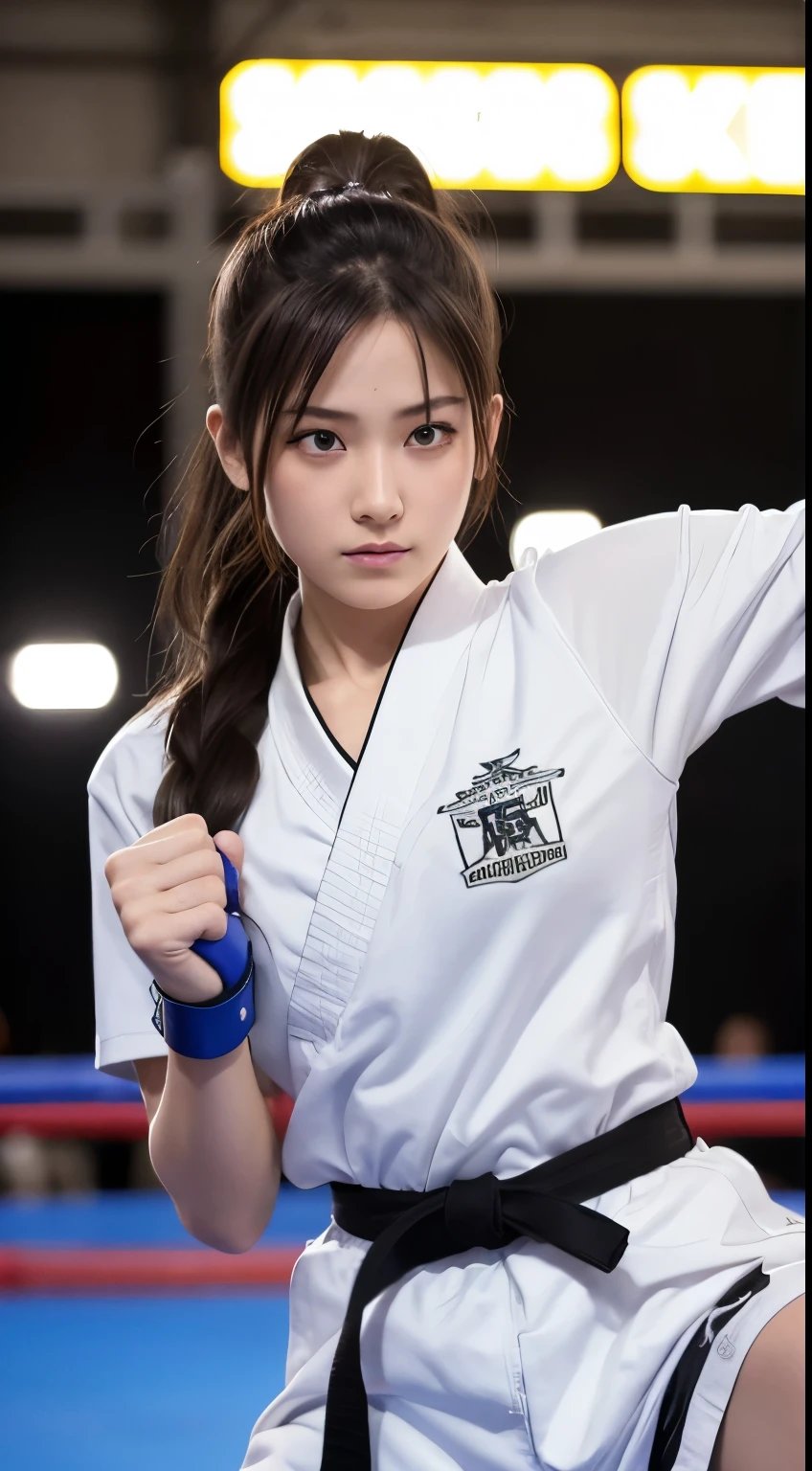 (RAW Photos:1.2), (Realistic), Beautiful detailed girl, Very detailed eyes and face, Beautiful and beautiful eyes, Large file size, High resolution, Very detailed, highest quality, [Tabletop:1.6], shape, Very detailed, The finer details, highest quality, 8K Dende Wallpaper, Cinema Lighting,Fighting arena in the background、20 year old slim and muscular woman, Female Fighter, Karate pose, Outdoor Martial Arts Tournament, hang on, Uniform, 彼女の柔Uniform, ponytail, Serious expression, The body is slim, Young Face, , Stadium