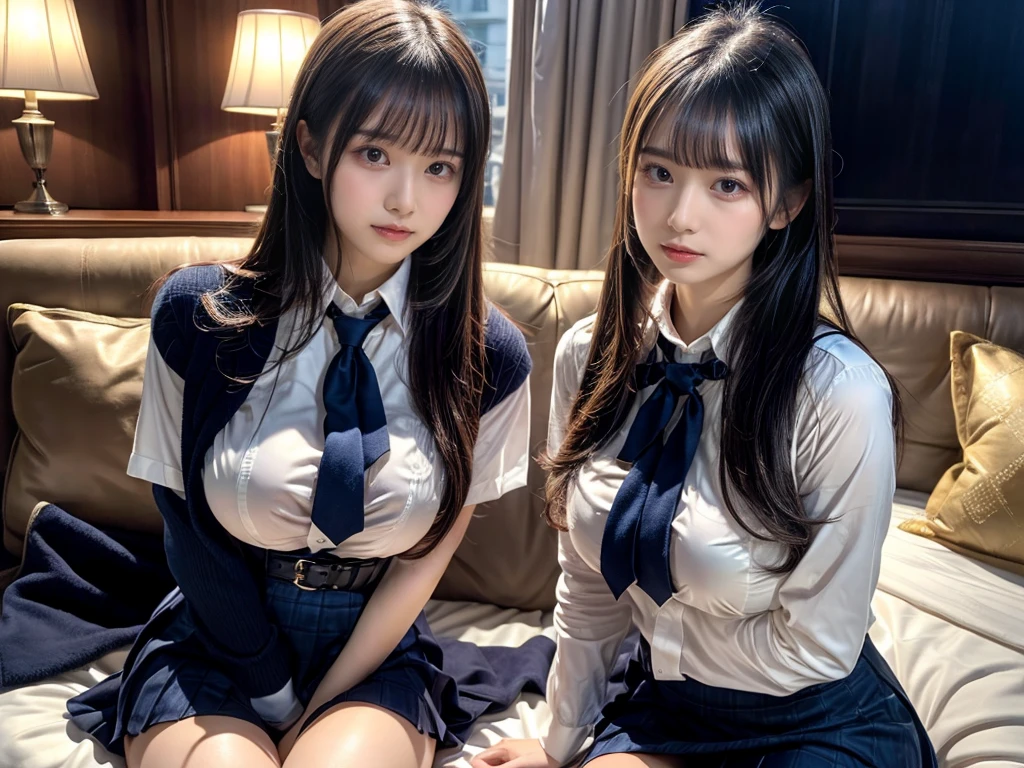 (8K, Raw photography, top-quality, masterpiece:1.2), master piece, best quality, illustration, Super detailed, fine details, High resolution, 8K,wall paper, perfect dynamic composition,(Details High quality, realistic depiction of eyes:1.3), ((2 girls, 2 schoolgirls)), The background is a luxury hotel room、High school girl uniform、blazer 、Super Short Check Uniform Skirt、Navy blue high socks、garterbelts、Colossal tits、Disturbed uniform, Play with each other,Touching each other's bodies,Touching the body of the girl next door, short bob hair, black hair color, huge breasts, Big Natural Color Lip, bold sexy pose, (perfect body shape), crying a little、cold gaze, Beautiful makeup,glitter makeup,Cutest 18 years old, beautiful legs, hposing Gravure Idol, Voluptuous thighs