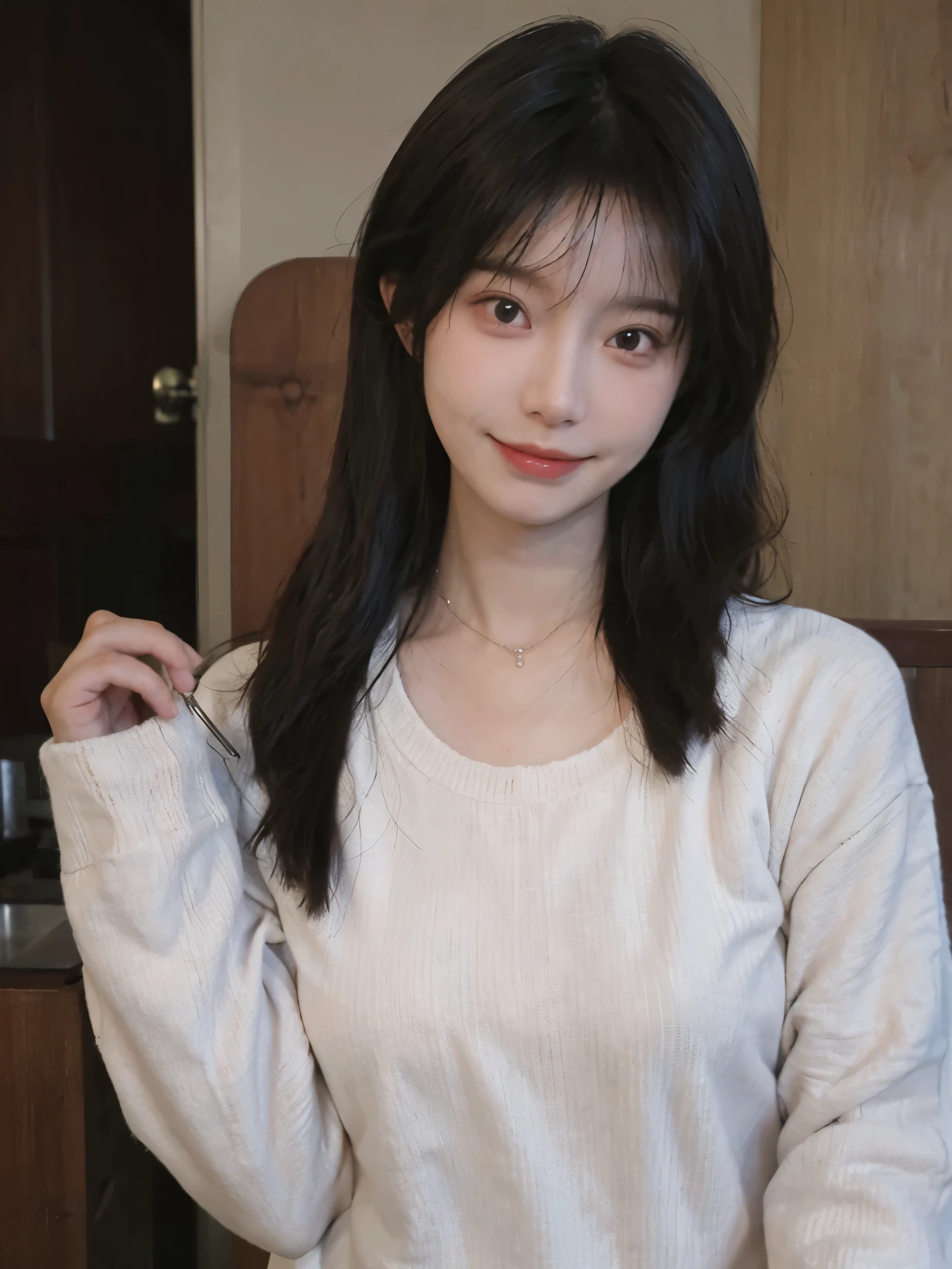 best qualtiy, Ultra-high resolution, (realisticlying:1.4),cute hairpin,Baoyu Girl,1girll, Beautiful woman with a slim figure:1.4, Abs:1.8, A brown-haired, mideum breasts:1.3, Long pink sweater:1.1, chies,Ultra-fine face,Elaborate Eyes,double eyelid,ssmile,choker necklace