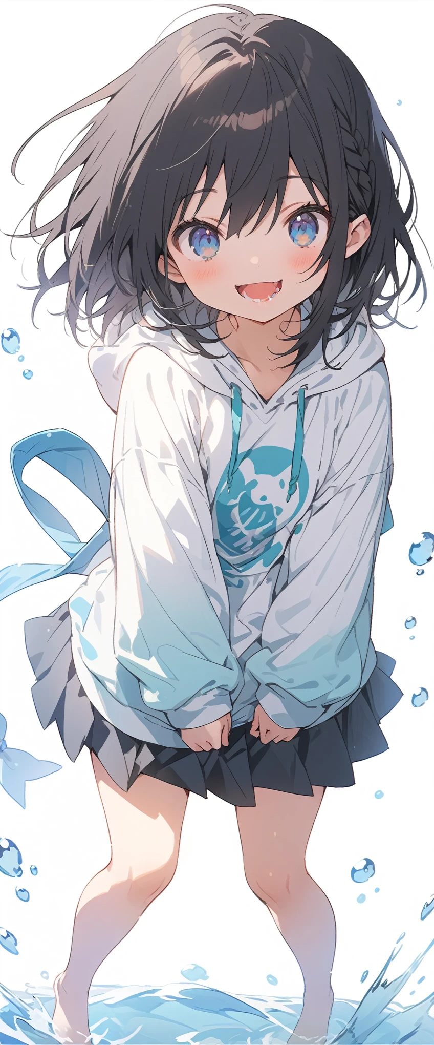 White background、Solid white background、Blank background、just standing girl, only one girl、Full body shot from the front,Ultra-high resolution, highest quality,fish-bone braid hair、Fishbone Hair、Flat Chest、beautiful detailed eyes、black hair、Black hair × Blue eyes、blue eyes、Open your mouth without showing your teeth、Smile with mouth wide open、Plain white hoodie、Black pleated skirt、barefoot