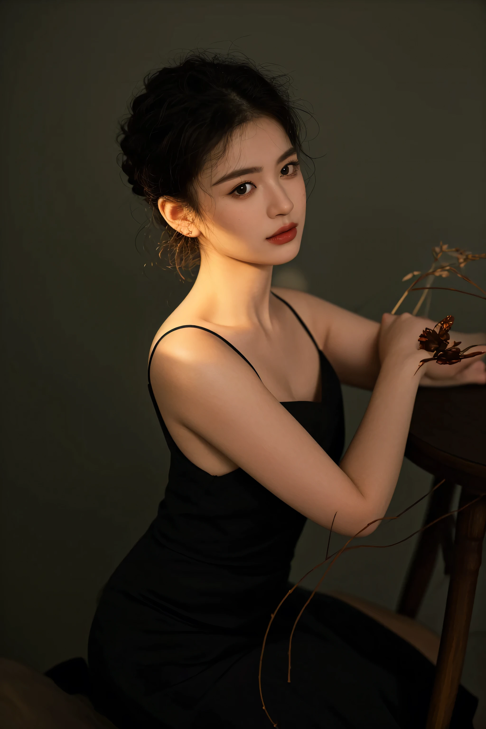 arafed woman in a black dress sitting at a table with a vase, medium portrait soft light, shot on canon eos r5, shot on canon eos r 5, portrait soft light, high quality portrait photoshoot, portrait image, portrait soft low light, close - up studio photo, 60mm portrait, photoshoot portrait, soft light from the side