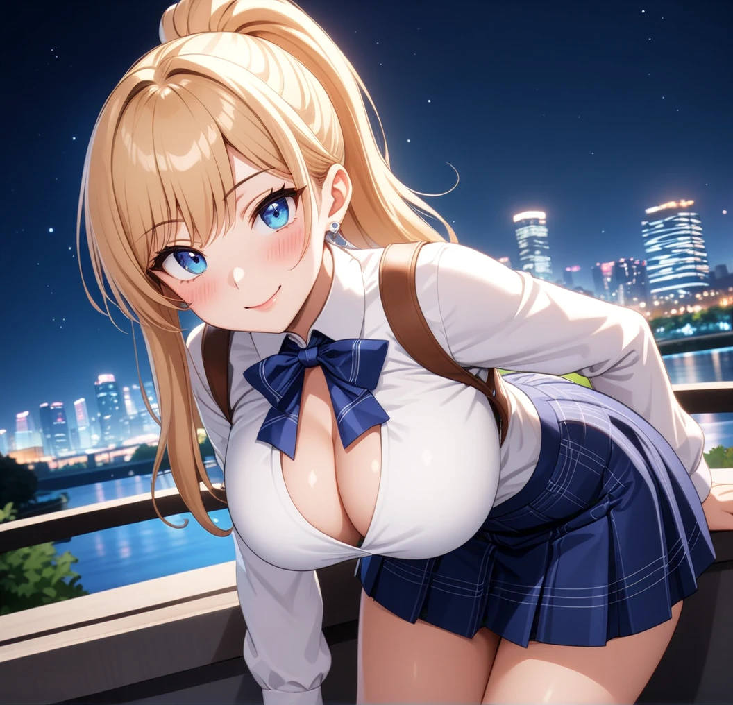 ((One girl)), Beautiful smile,Blushing,Close your mouth,Glossy Lips,Abstract, Yokohama night view park, ((Anime style background)),masterpiece, highest quality, so beautiful, Absurd, up to date, Complex details, Pink long nails,AI-generated, Complex,High resolution, highest quality, super high quality,3D Images、View the viewers、3D Images,one person,Long Blonde Hair,High Ponytail,blue eyes,Anime girl posing for photo, [[Fine grain、Colorful eyes、Shining Eyes:1.15]],(Squint your eyes:1.1),a hyperRealistic , hyperRealistic , Realistic , blonde anime girl with long hair, Smooth anime CG art, Beautiful anime school girl,White long sleeve blouse,Blue checked skirt,Big blue chest ribbon, Earrings,(Large Breasts:1.3),Mature Body,tall,Fine details,Abdominal muscles,(Leaning forward),Stick your butt out