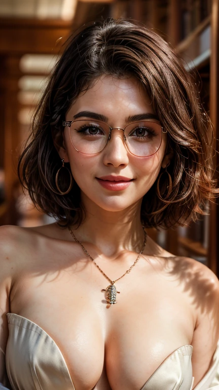 ((best quality)), ((masterpiece)), (detailed), (medium photoshoot), a perfect face goddess in an oversized dress walk in the library, eyeglasses, necklace, earring, short hair, perfect smile to the viewer, real skin texture, ultra sharp, pay attention to the detail of the face finger and hair, detailed detail,