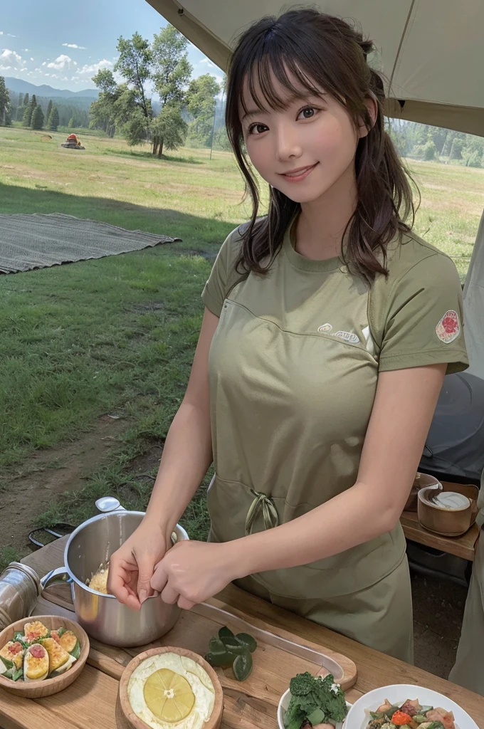 masterpiece, High Resolution, girl,Cooking, Colorful outdoor wear, (A woman who loves traveling), forest, wood, mount, tent, picnic, adventure ,smile,Solo Camping