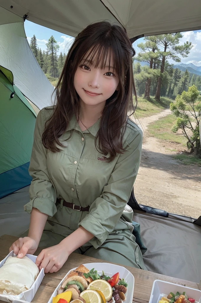 masterpiece, High Resolution, girl,Having a meal, Colorful outdoor wear, (A woman who loves traveling), forest, wood, mount, tent, picnic, adventure ,smile,Solo Camping