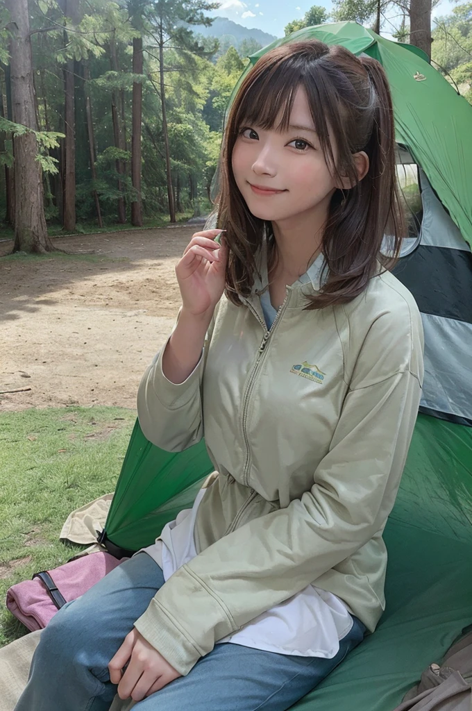 masterpiece, High Resolution, girl,Having a meal, Colorful outdoor wear, (A woman who loves traveling), forest, wood, mount, tent, picnic, adventure ,smile,Solo Camping