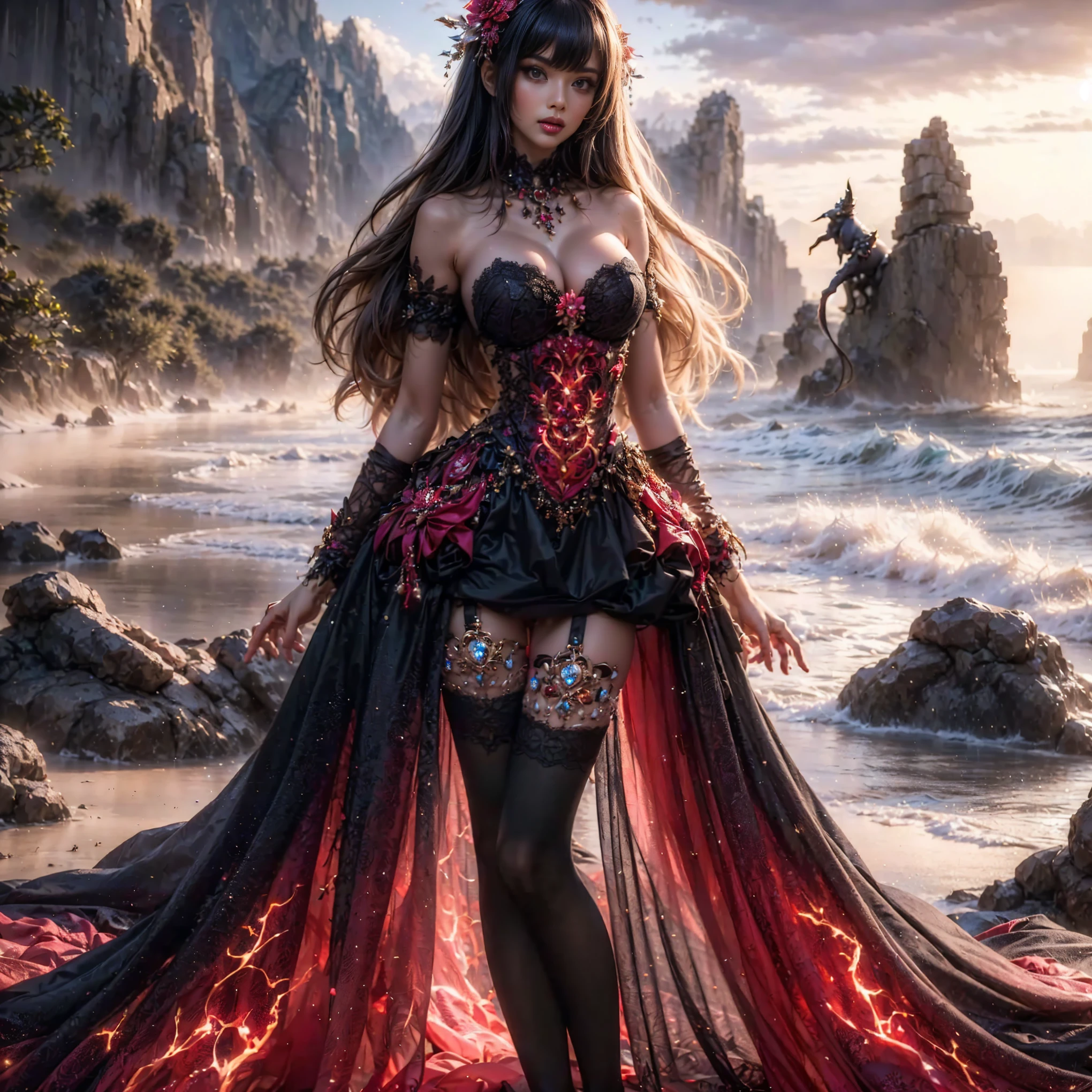 An asian woman with loose hair, standing on the stairs in the middle of a magical atmosphere, with a predominantly black and purple costume, a strapless corset-style dress decorated with bright purple jewels, a short tutu skirt, black thigh-high stockings with lace tops and ornaments purple jewels, white high heels with gold decoration, grand staircase background under mysterious sky full of stars and celestial bodies, crystal detailed, hyper realistic, hyper detail Transparent clothing, Detailed gemstones, masterpiece, best quality:1.2),,(8k,highres,RAW photo,realistic,photo-realistic:1.3),(detailed skin texture,detailed cloth texture, beautiful detailed face:1.25),professional lighting,photon mapping,beautiful soft light,radiosity,physically-based rendering,raytracing, model shoot style, model shoot style, (extremely detailed CG unity 8k wallpaper), full shot body photo of the most beautiful artwork in the world (NSFW), (Nude), (Naked), (Nipple) (pussy) (small pussy) (exposed pussy) (Navel)