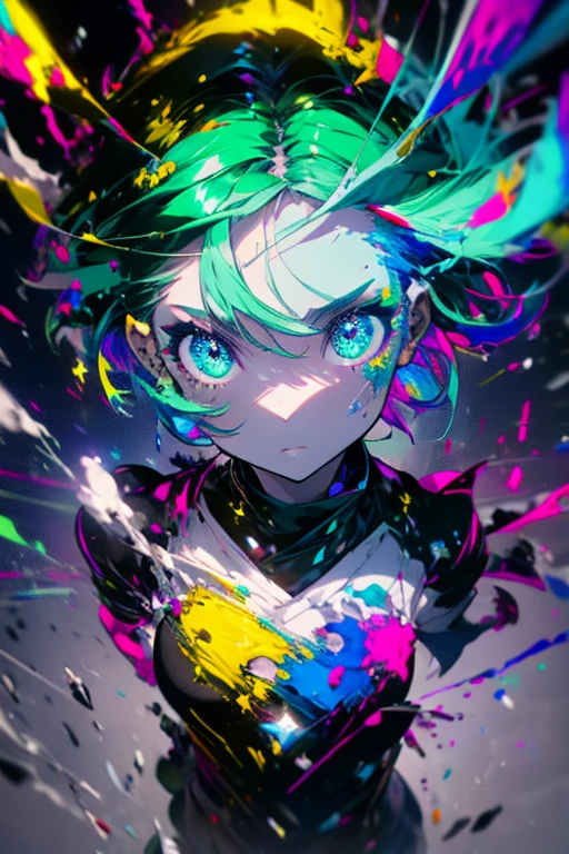 1girl,solo,cool,lightgreen hair,colorful,paint,upper body focus,perfect face,face is dirty for painting,only the eyes shine,brilliant eye,vivid eye,blue around dark,darkness,purple