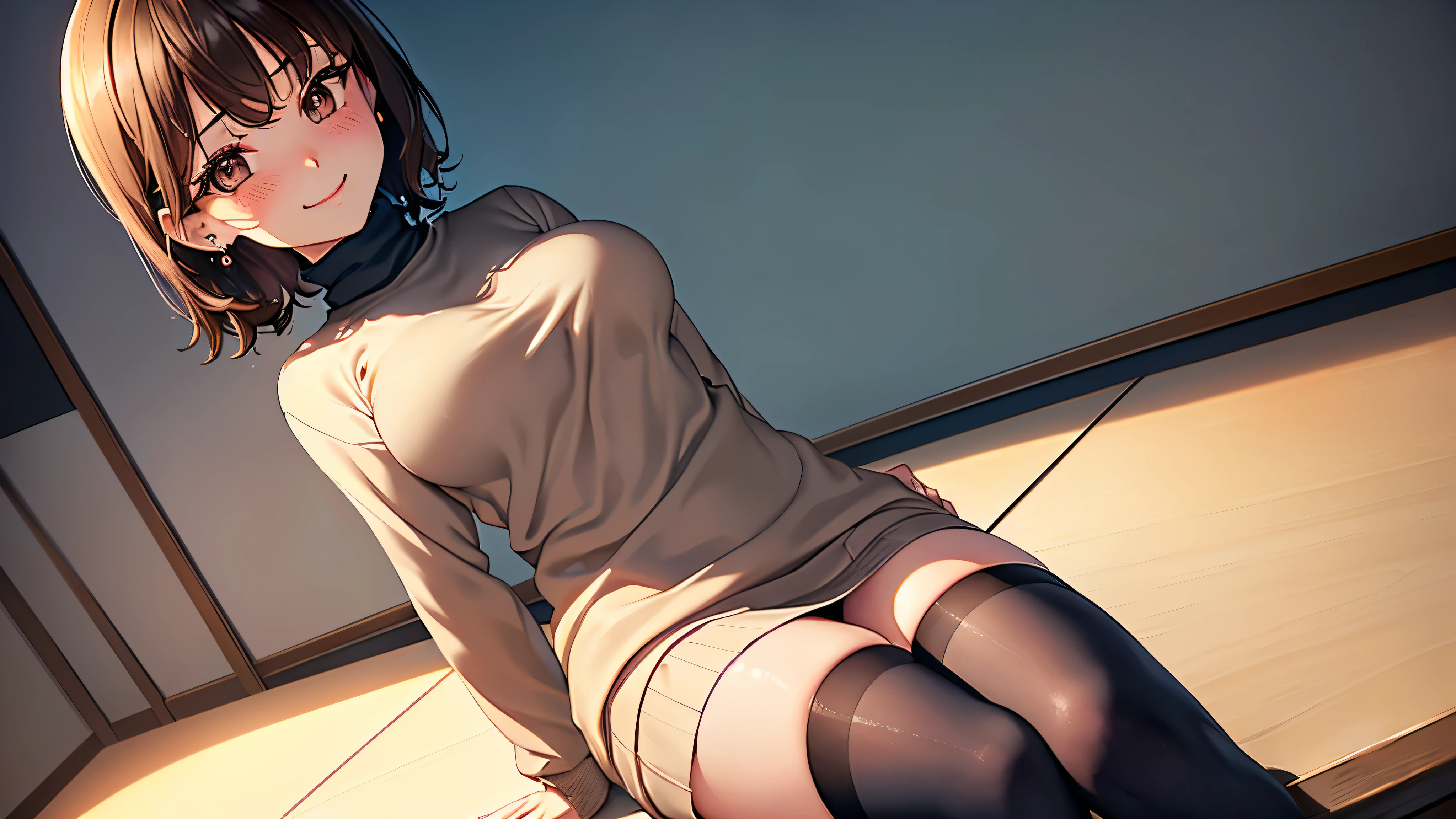 (table top, highest quality, High resolution, , perfect pixel, 4k,), 1 girl, single, alone, Beautiful woman、I could see the whole body、 ((wavy short hair, bangs, brown hair)), ((brown eyes, beautiful eyelashes, realistic eyes)), ((detailed face, blush:1.2)), ((smooth texture:0.75, realistic texture:0.65, realistic:1.1, Anime CG style)), medium breasts, dynamic angle, perfect body, ((, female teacher, , earrings, Beige turtleneck sweater、Long flared skirt in dark blue、black knee high stockings、open both legs wide、、shy smile、sit at a desk in the classroom、touch your chest with both hands)), Upper grade、、、evening、、(Pink lace panties are visible、、、angle from below)、