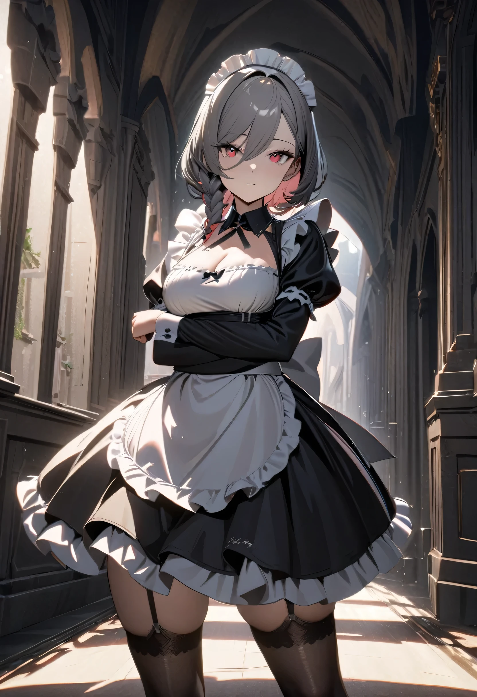 1 girl, ((Girl is curvy and slim, beautiful and short)), ((long gray hair))((braided)), ((light red eyes)), ((Girl wear maid outfit, black laced stockings)), ((Castle hallway)), (( Girl is looking at viewer, she's preparing tea)) 8k, masterpiece, ray tracing, extremely detailed, high quality