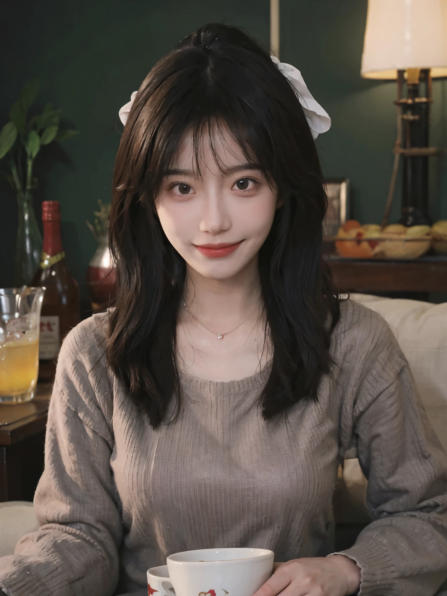 best qualtiy, Ultra-high resolution, (realisticlying:1.4),cute hairpin,Baoyu Girl,1girll, Beautiful woman with a slim figure:1.4, Abs:1.8, A brown-haired, mideum breasts:1.3, Long pink sweater:1.1, chies,Ultra-fine face,Elaborate Eyes,double eyelid,ssmile,choker necklace
