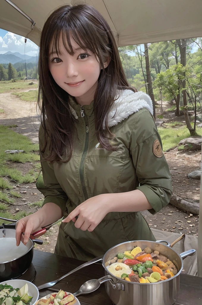 masterpiece, High Resolution, girl,Cooking, Colorful outdoor wear, (A woman who loves traveling), forest, wood, mount, tent, picnic, adventure ,smile,Solo Camping