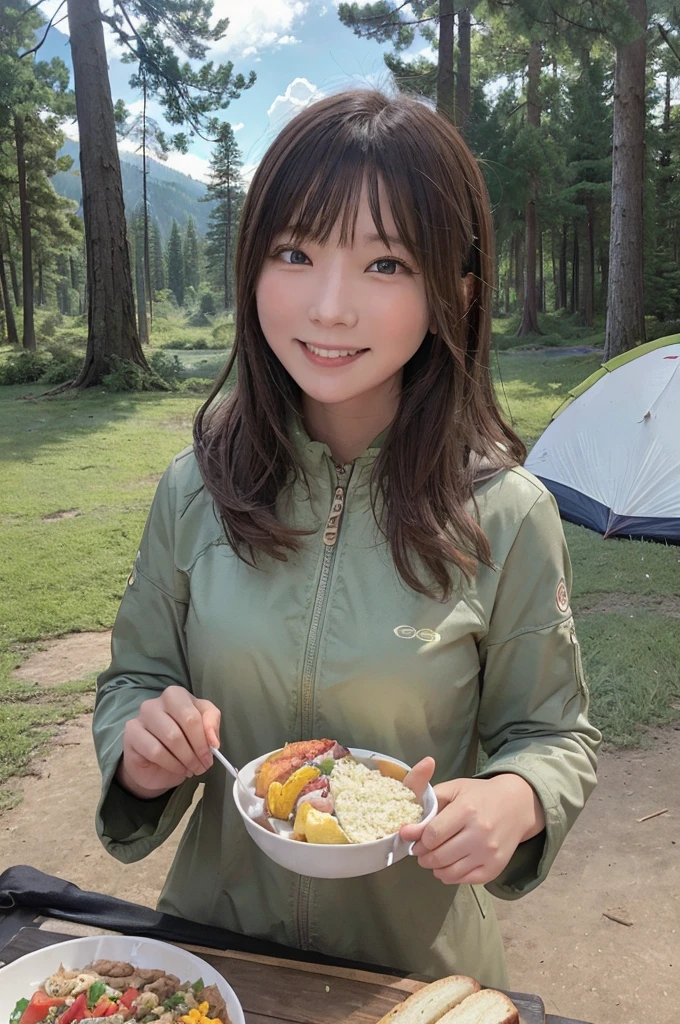 masterpiece, High Resolution, girl,Cooking, Colorful outdoor wear, (A woman who loves traveling), forest, wood, mount, tent, picnic, adventure ,smile,Solo Camping